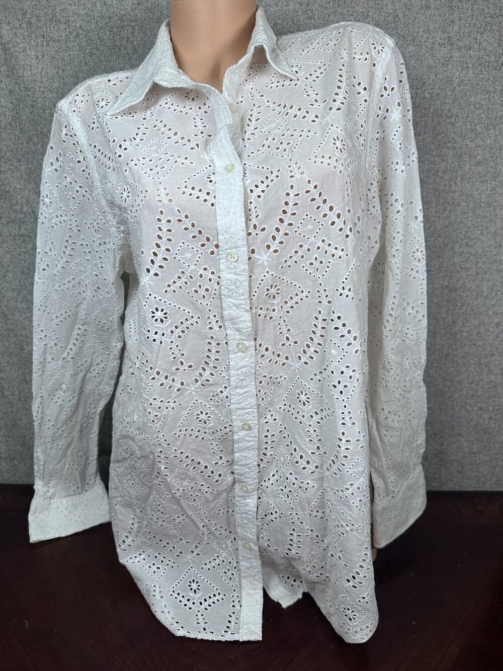 Lauren Ralph Lauren XL Womens Top Button Long Sleeve Lace White Collared Cotton